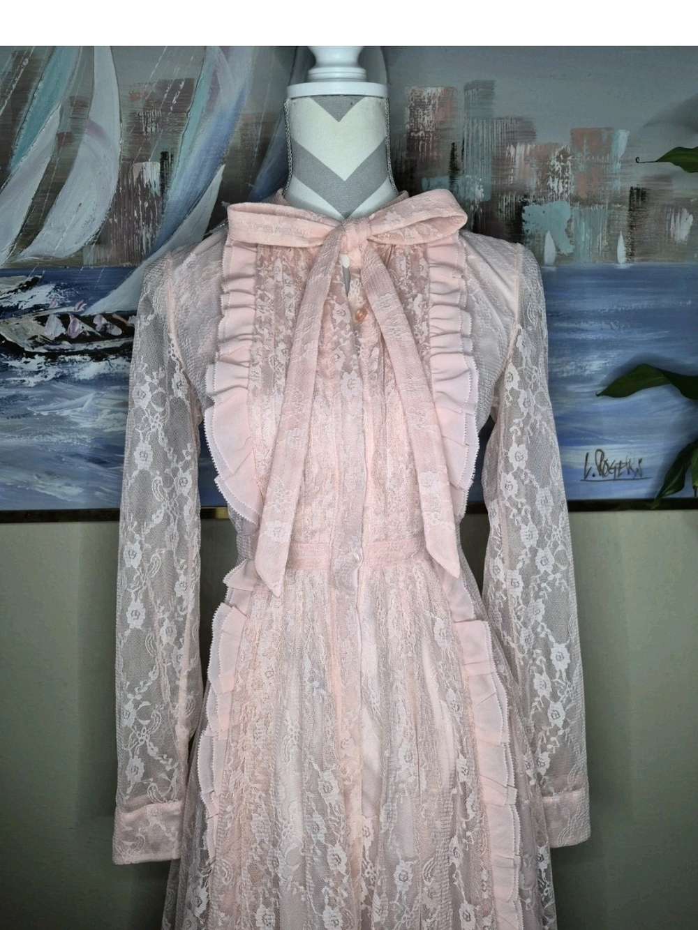 Vintage Mikael Aghal Pink Pleated Lace Maxi Tie Dress